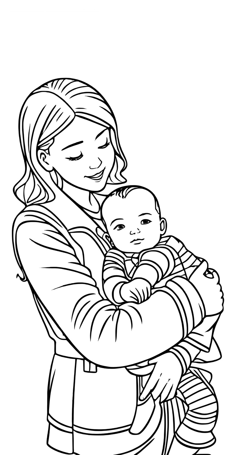 Coloring page of a mom holding a baby, created from a reference photo by PortraitArt app