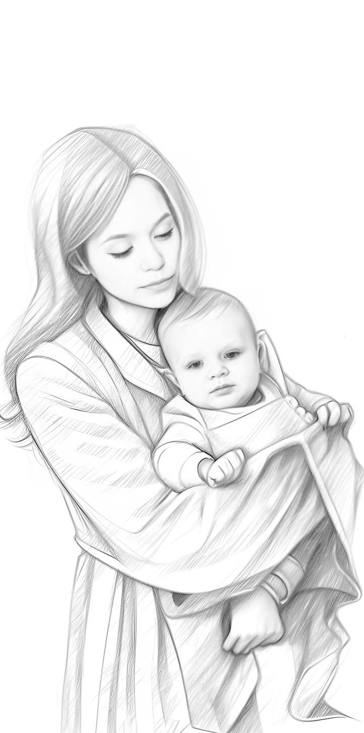 Pencil sketch of a mom holding a baby, created from a reference photo by PortraitArt app