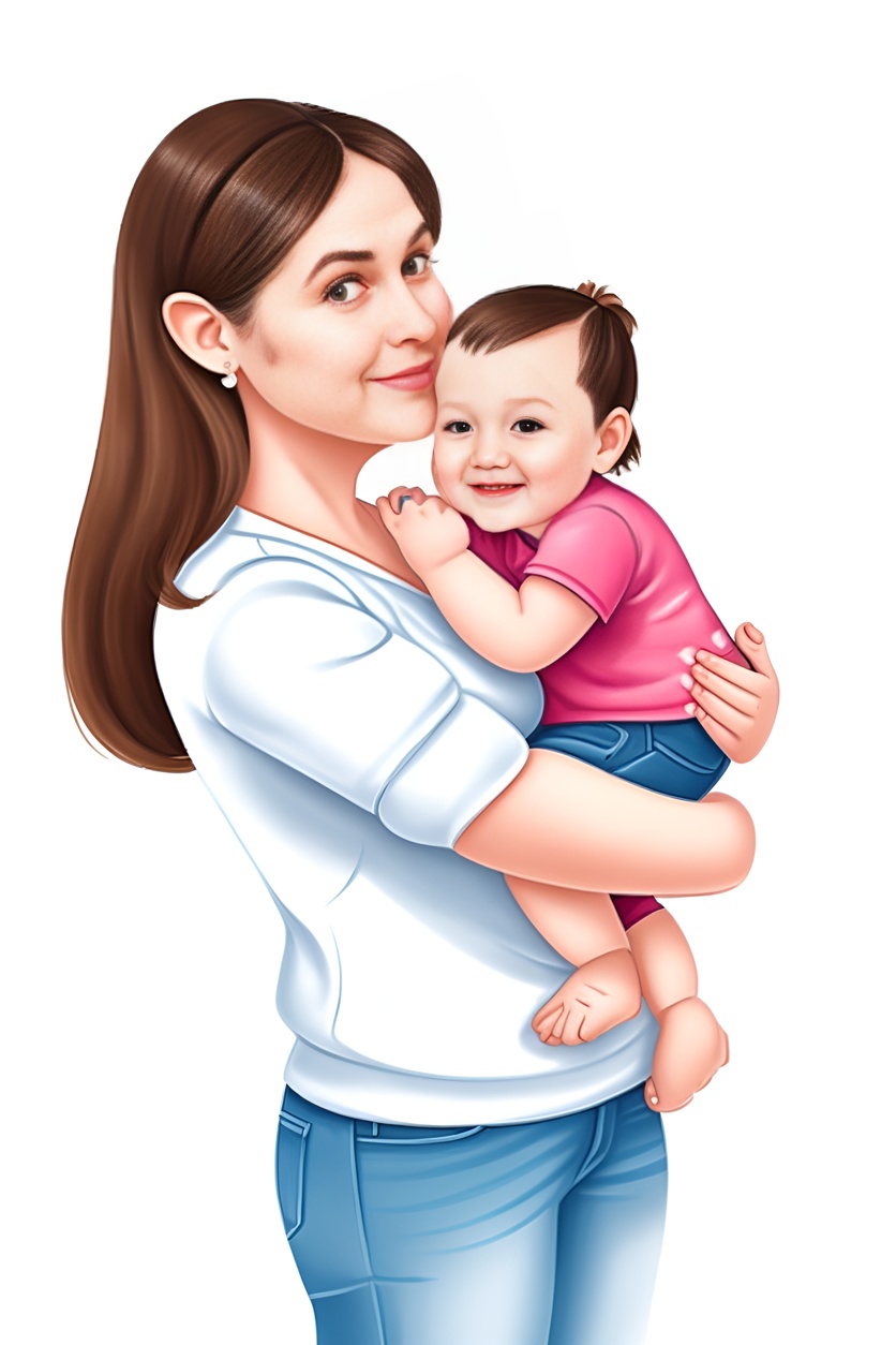 Caricature of a mom holding a baby, created from a reference photo by PortraitArt app