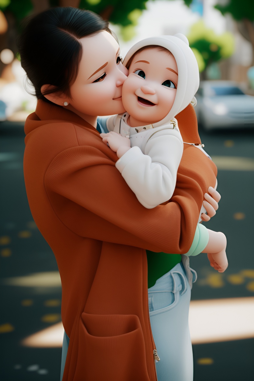 3D Cartoon of a mom holding a baby, created from a reference photo by PortraitArt app