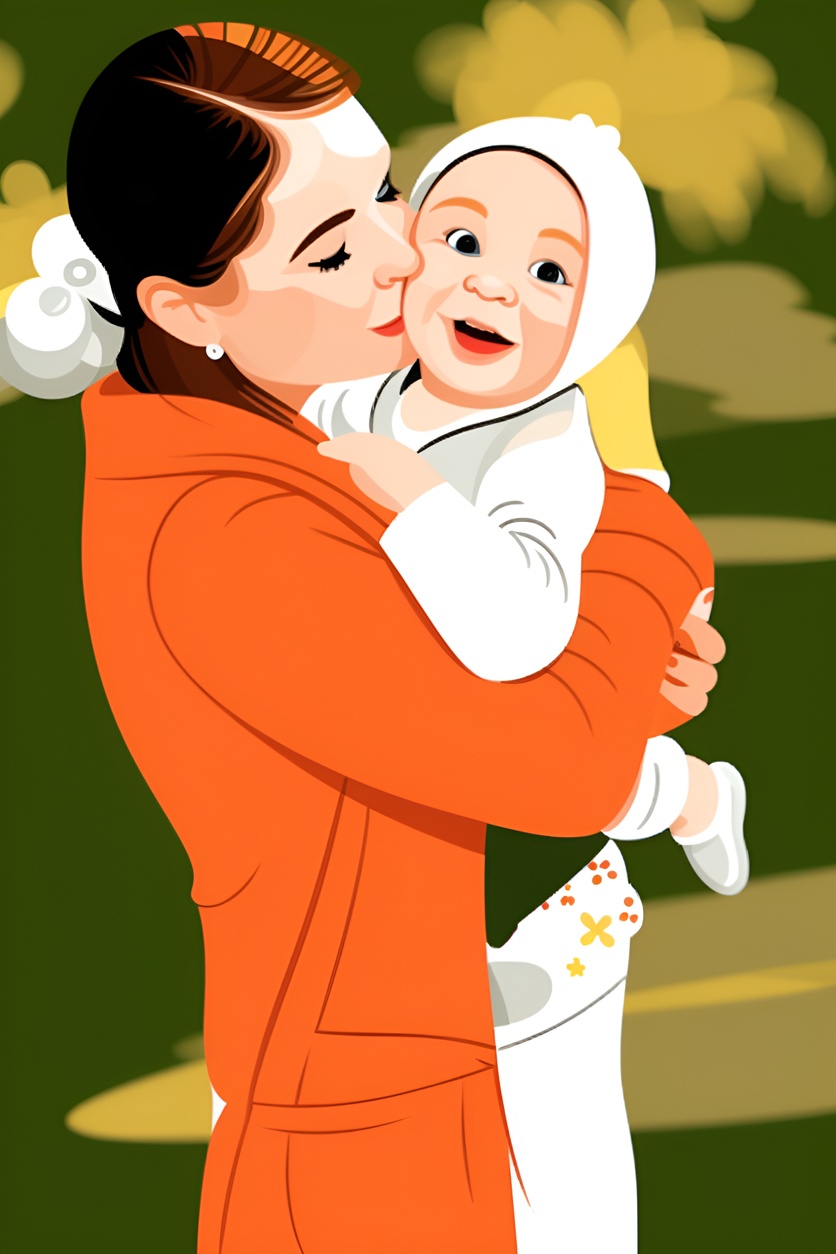 Cartoon drawing of a mom kissing a baby, created from a reference photo by PortraitArt app