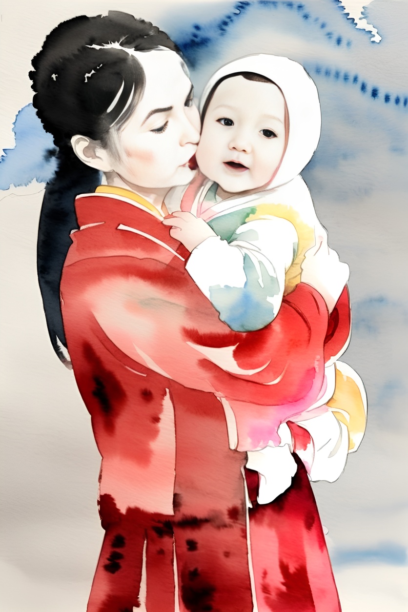 Chinese traditional painting of a mom holding a baby, created from a reference photo by PortraitArt app