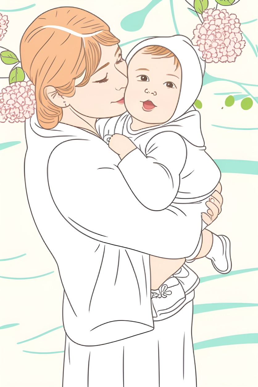 Line art picture of a mom kissing a baby, created from a reference photo by PortraitArt app