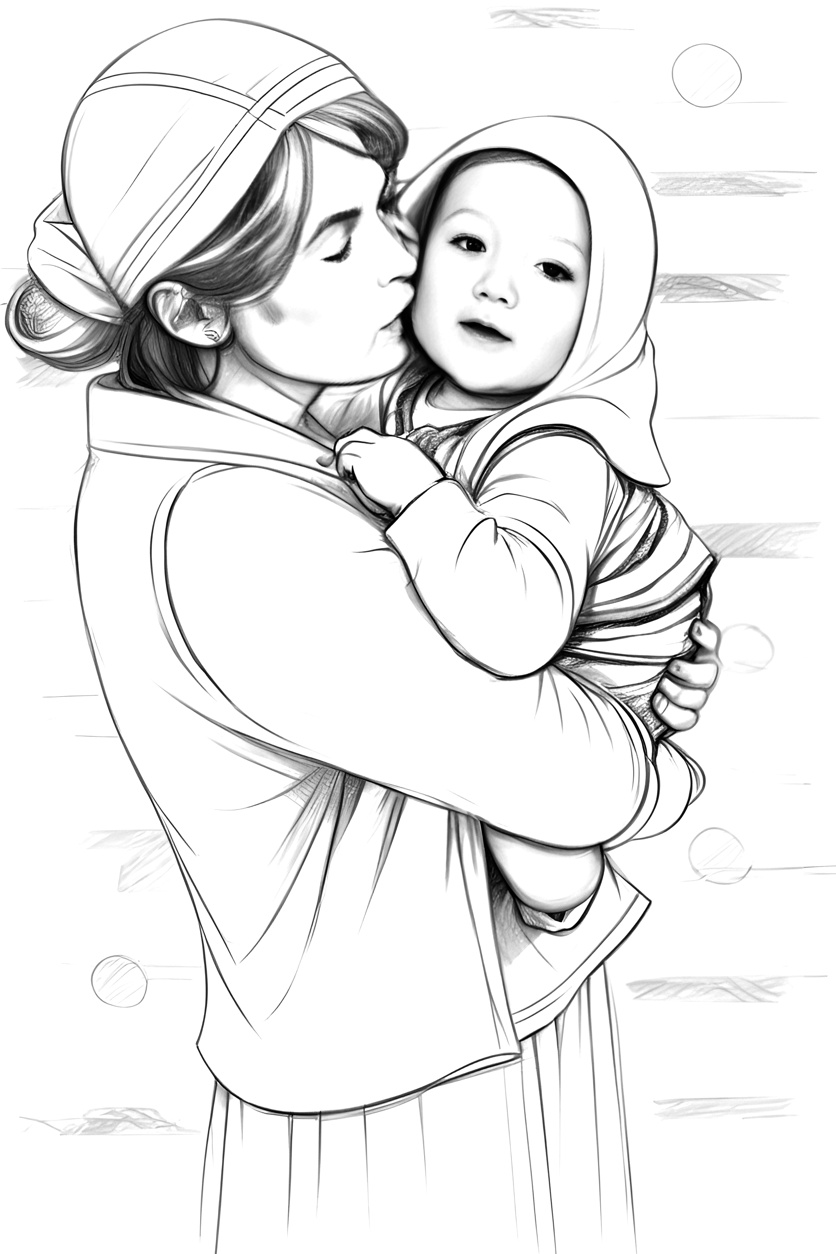 Line sketch of a mom kissing a baby, created from a reference photo by PortraitArt app