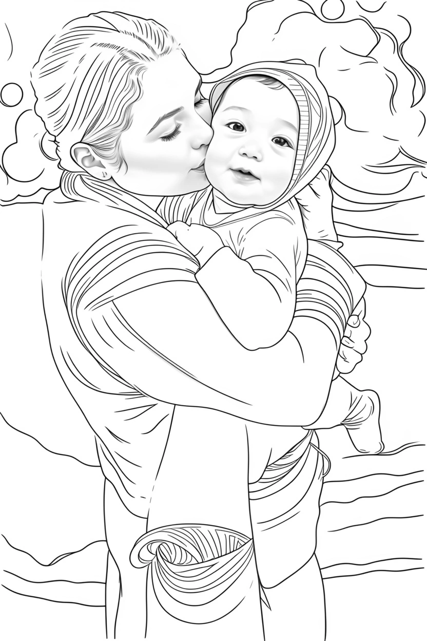 Disegno di sketch di linea di una madre che tiene un bambino, creata da una foto di riferimento da APP PORTRAITART