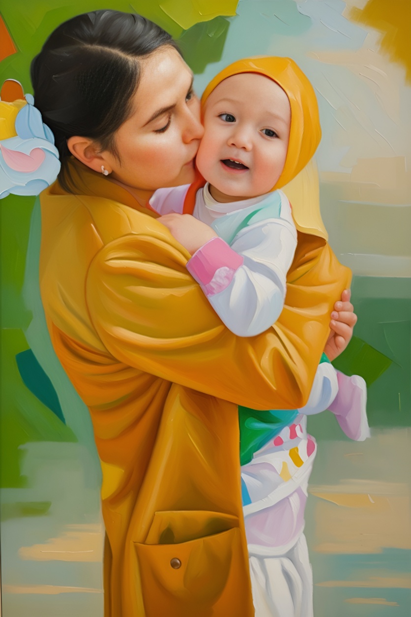Oil painting of a mom kissing a baby, created from a reference photo by PortraitArt app
