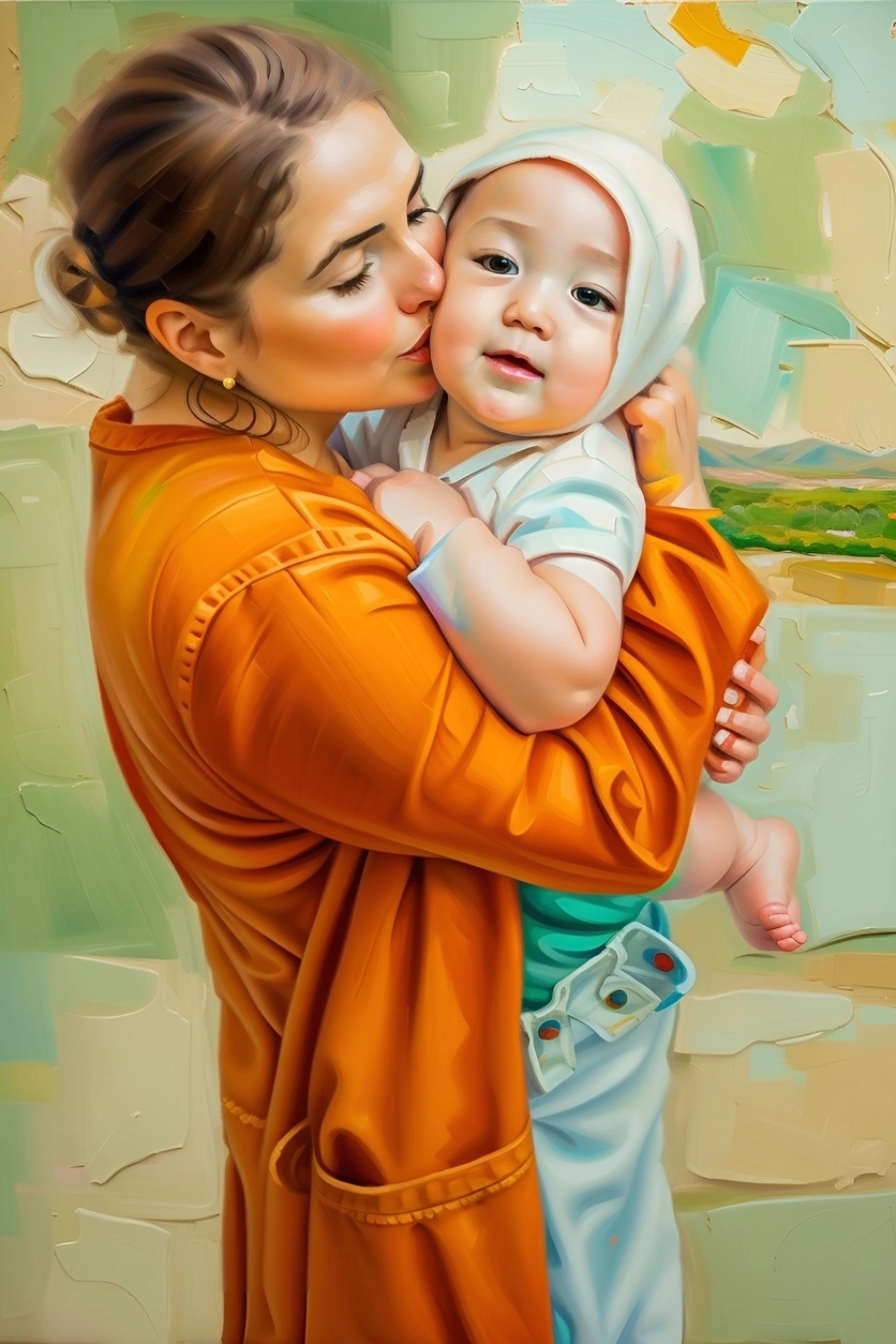 Oil painting of a mom kissing a baby, created from a reference photo by PortraitArt app