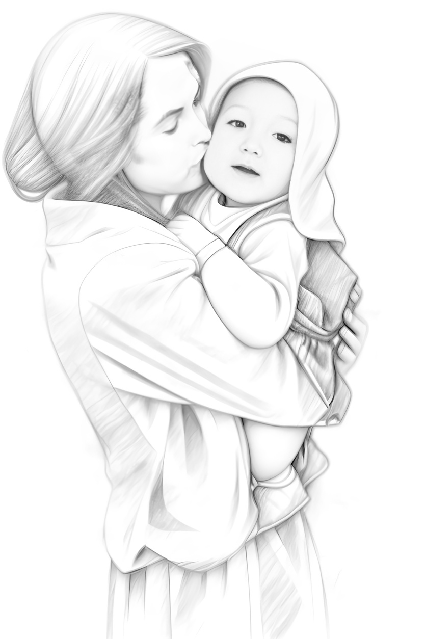 Pencil sketch drawing of a mom kissing a baby, created from a reference photo by PortraitArt app