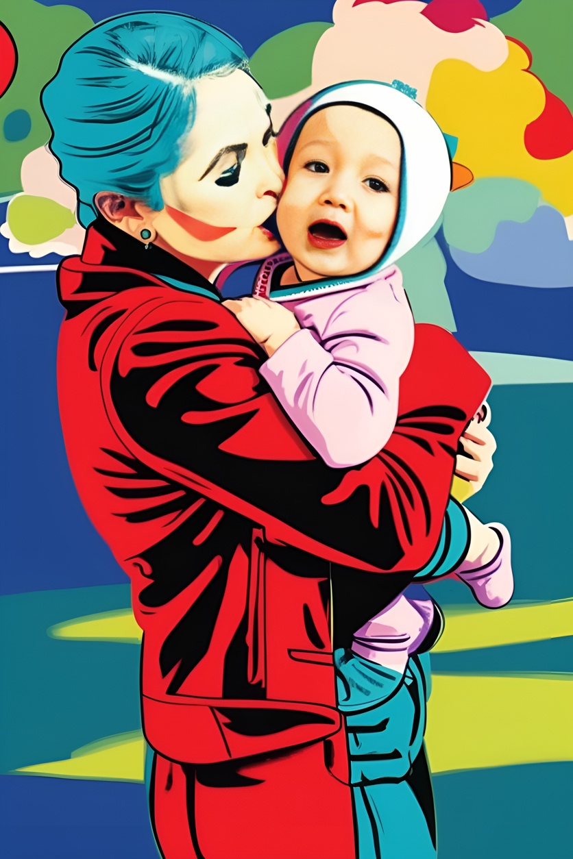 Pop art picture of a mom kissing a baby, created from a reference photo by PortraitArt app