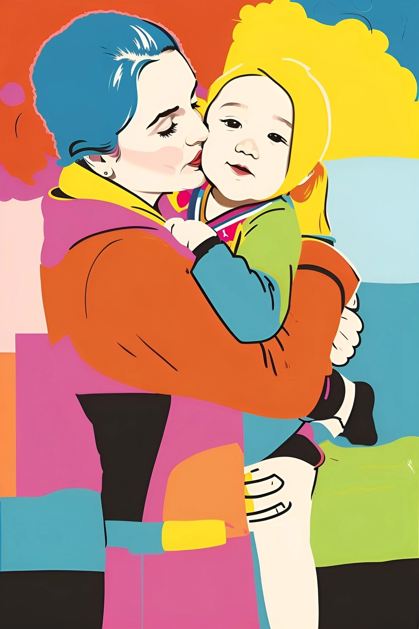 Pop art picture of a mom kissing a baby, created from a reference photo by PortraitArt app