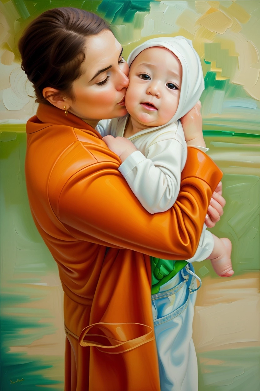 Vibrant painting of a mom kissing a baby, created from a reference photo by PortraitArt app