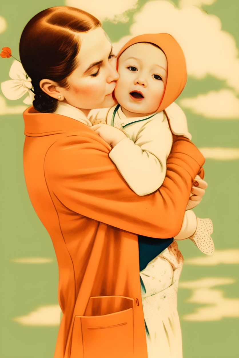 Vintage painting of a mom kissing a baby, created from a reference photo by PortraitArt app