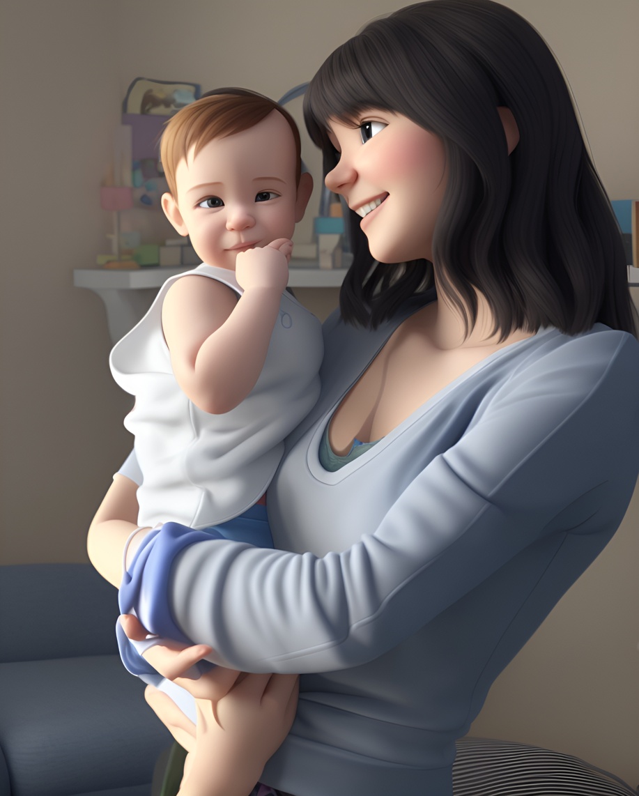 3D Cartoon drawing of a mom holding a baby, created from a reference photo by PortraitArt app