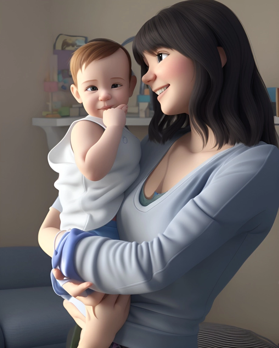 Dessin de dessin animé 3D d'une maman tenant un bébé, créé à partir d'une photo de référence par Generative Ai similaire que MidJourney et Chatgpt