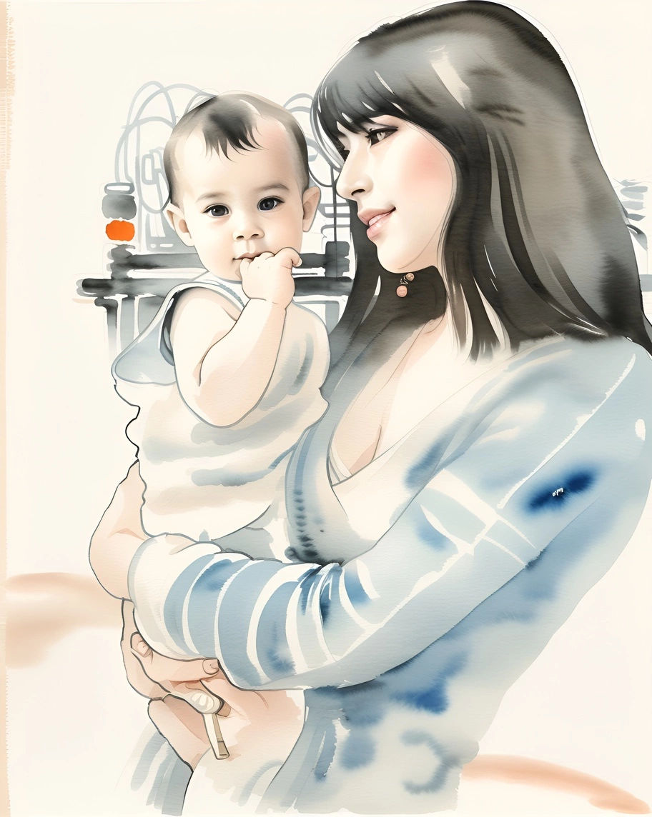 Chinese ink painting of a mom holding a baby, created from a reference photo by PortraitArt app