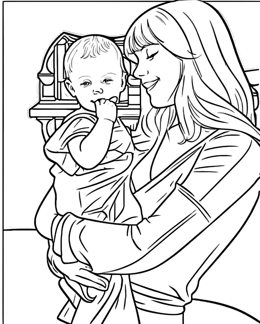 coloring page of a mom holding a baby, created from a reference photo by generative AI similar as MidJourney and ChatGPT