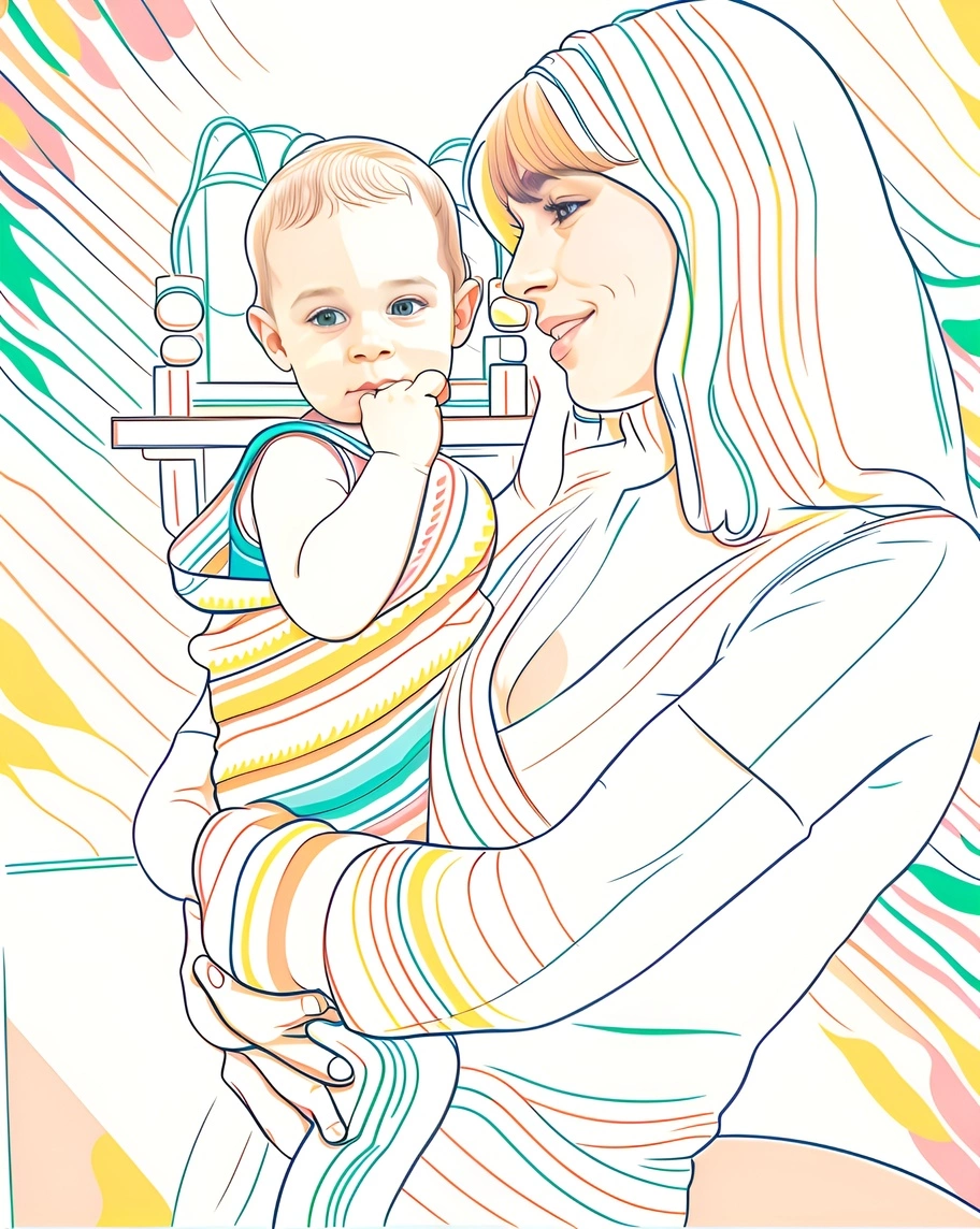 Ligne Art Dessin d'une maman tenant un bébé, créé à partir d'une photo de référence par Generative Ai similaire à MidJourney et Chatgpt