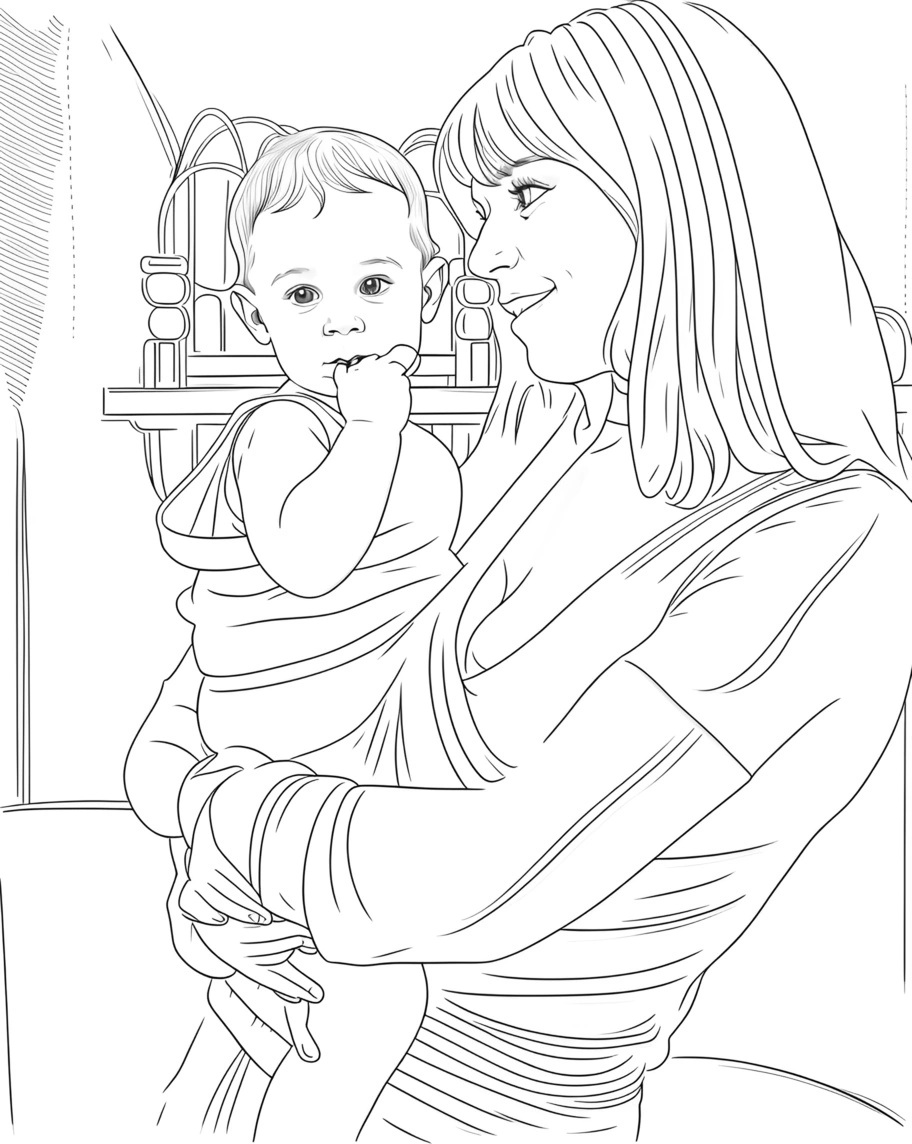 Zeileskizze Zeichnung einer Mutter, die ein Baby hält, das aus einem Referenzfoto von PortraitArt App erstellt wurde