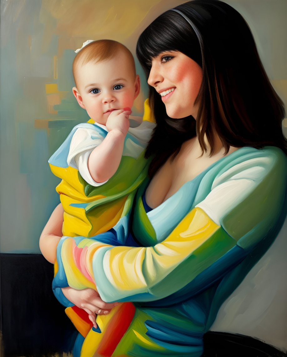 Oil painting of mom holding a baby, created from a reference photo by PortraitArt app