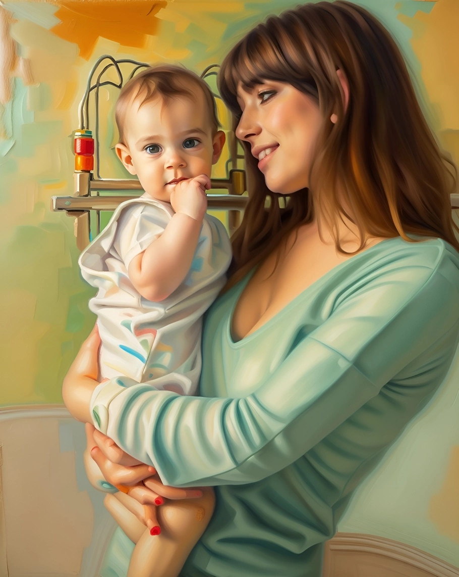 Peinture à l'huile d'une maman tenant son bébé, créé à partir d'une photo de référence par Générative Ai similaire à celle de MidJourney et Chatgpt