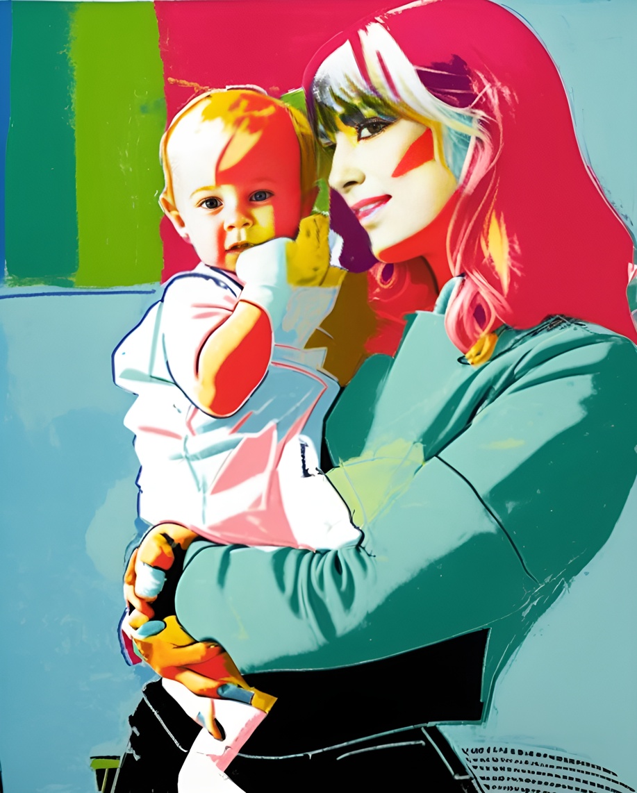 Pop art of a mom holding a baby, created from a reference photo by PortraitArt app