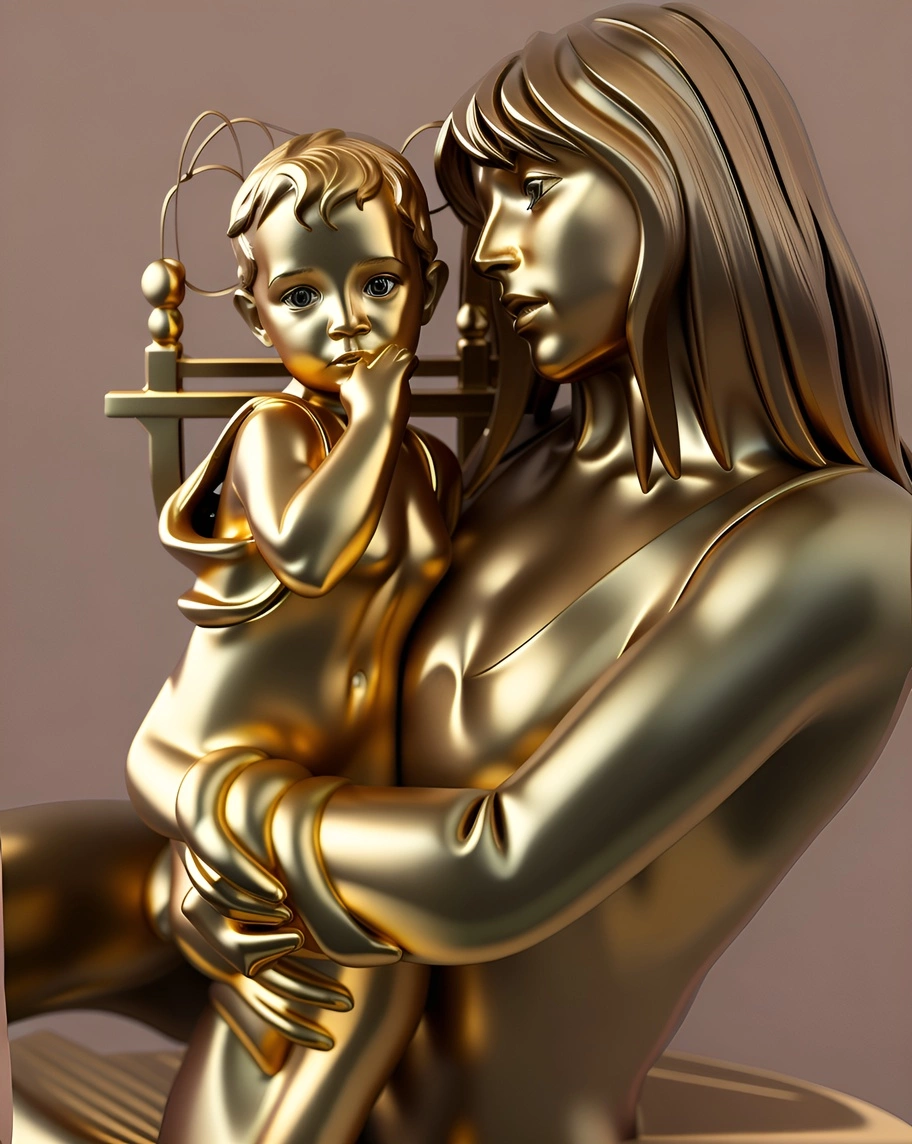 sculpture of a mom holding a baby, created from a reference photo by generative AI similar as MidJourney and ChatGPT