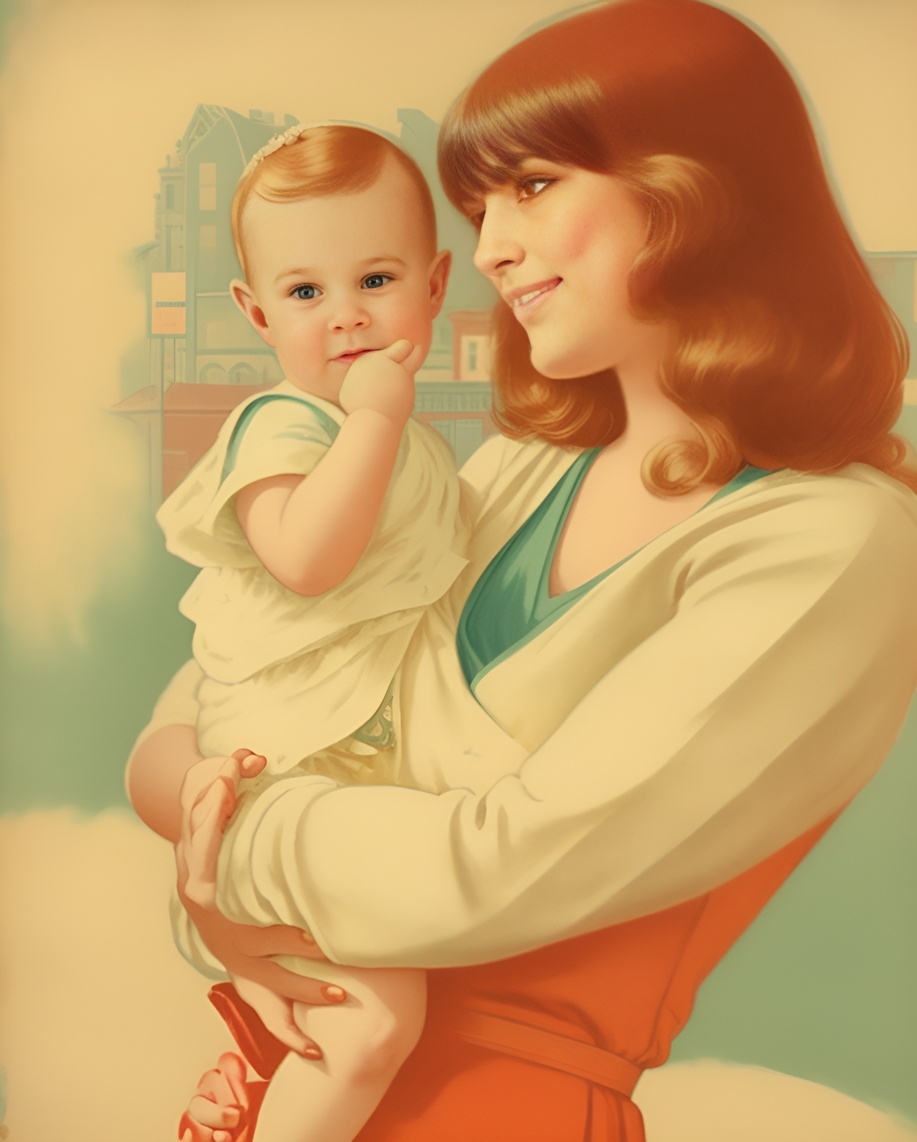 Vintage painting of a mom holding a baby, created from a reference photo by PortraitArt app