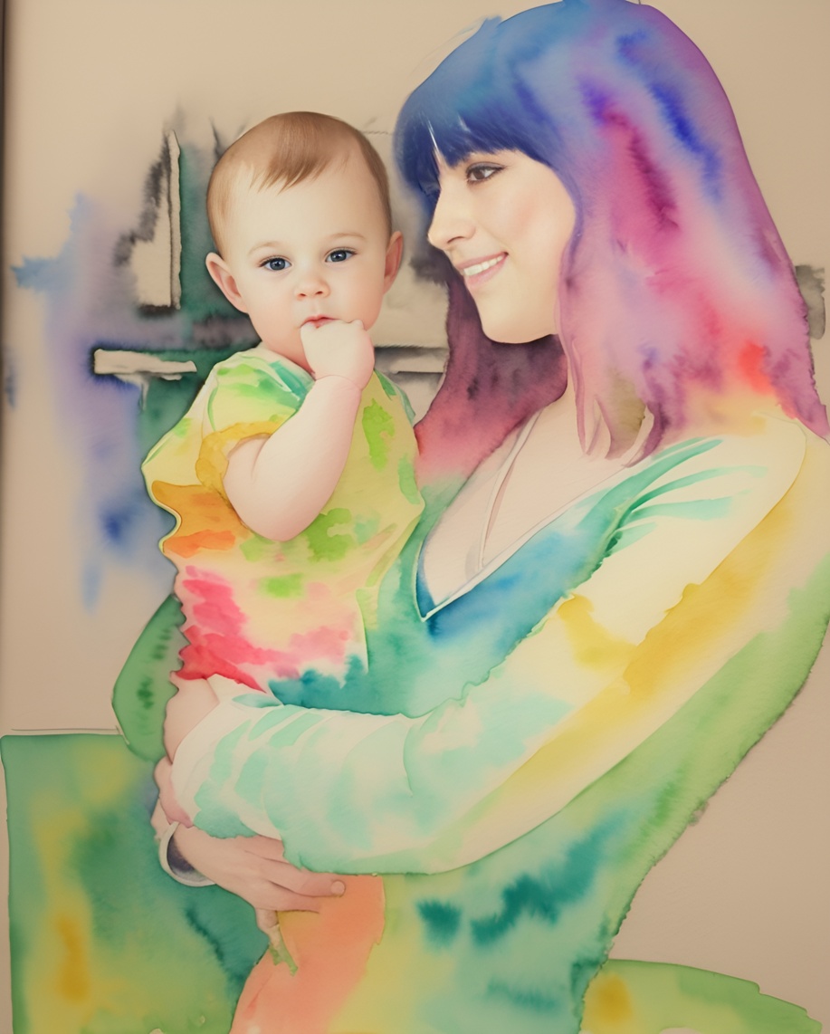 Watercolor painting of a mom holding a baby, created from a reference photo by PortraitArt app