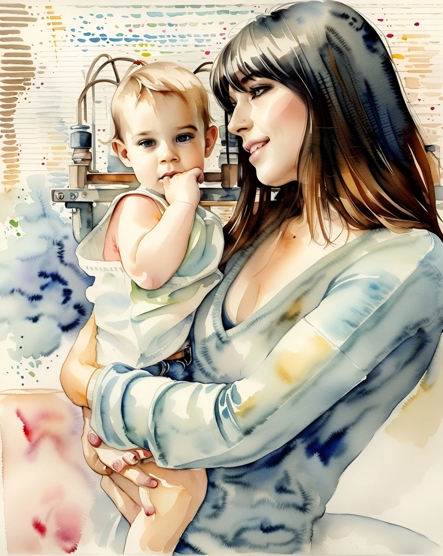 Watercolor painting of a mom holding a baby, created from a reference photo by PortraitArt app