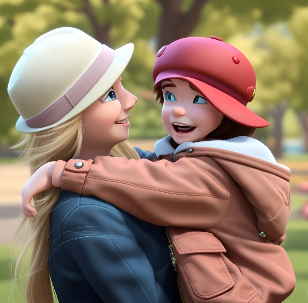 3D cartoon of a mom holding a girl, created from a reference photo by generative AI similar as MidJourney and ChatGPT