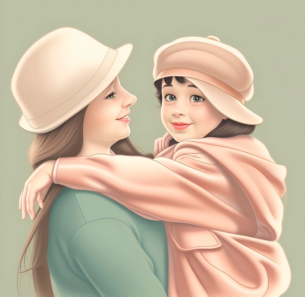 cartoon drawing of a mom holding a girl, created from a referece photo