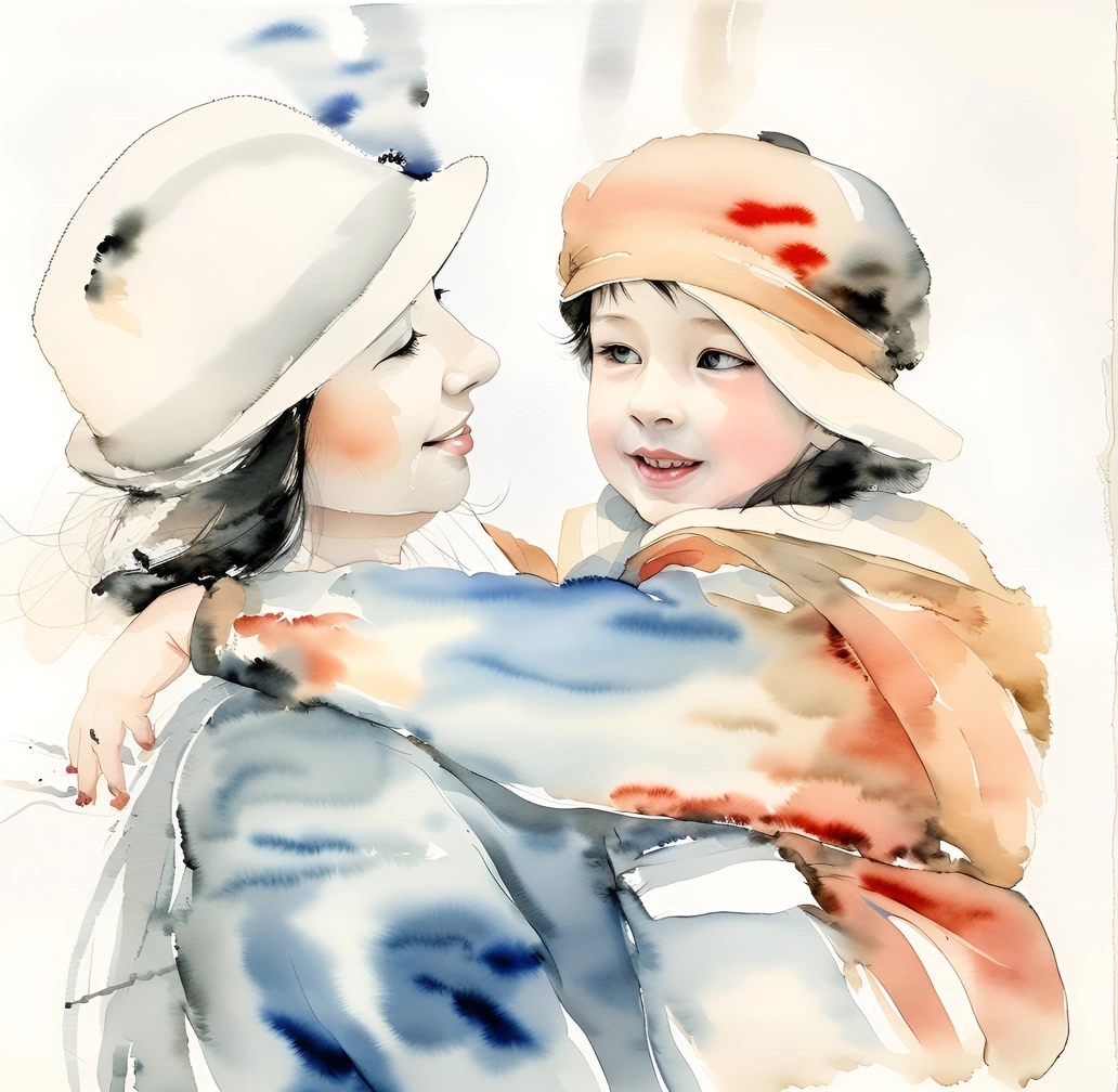 Chinese ink painting of a mother holding a girl, created from a reference photo by generative AI similar as MidJourney and ChatGPT