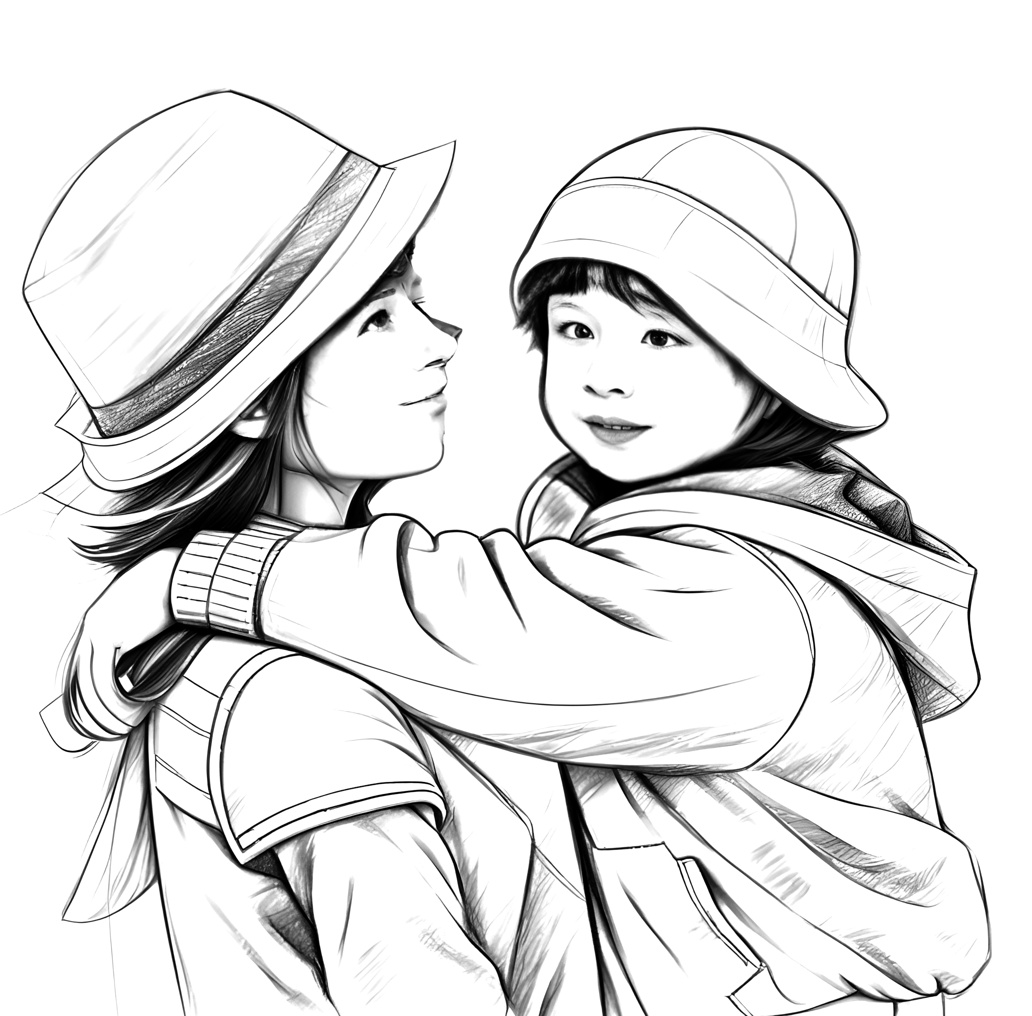 Line sketch drawing of a mother holding a girl, created from a reference photo by generative AI similar as MidJourney and ChatGPT