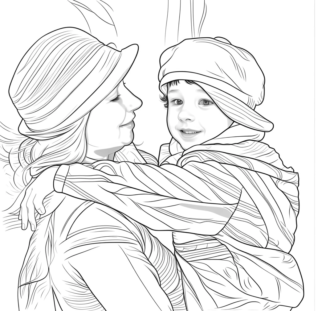 Disegno di sketch di linea di mamma e un bambino da una foto di riferimento, creata da AI generativa simile a Midjourney e Chatgpt