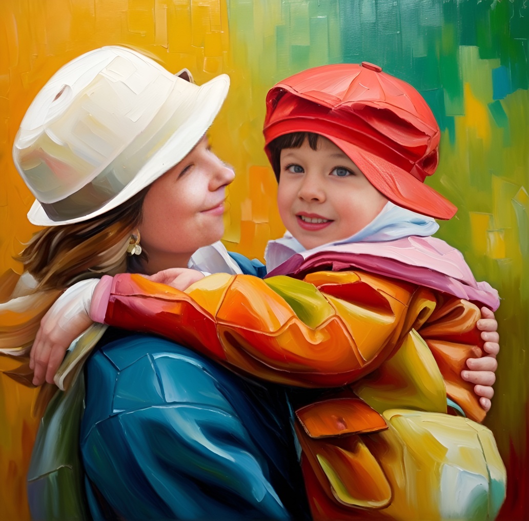 Oil painting of a mom holding a girl, created from a reference photo by generative AI similar as MidJourney and ChatGPT