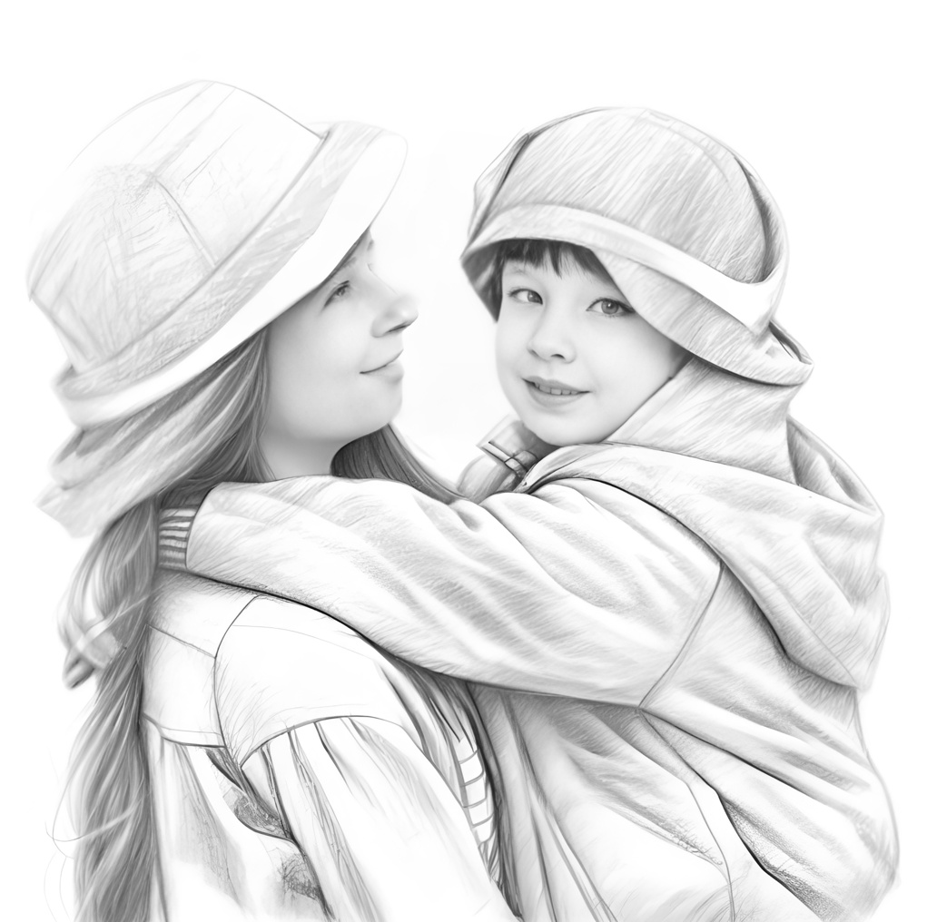 Pencil sketch drawing of a mom holding a girl, created from a reference photo by generative AI similar as MidJourney and ChatGPT