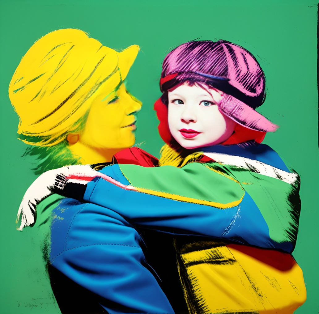 Pop art picture of a mom holding a girl, created from a reference photo by generative AI similar as MidJourney and ChatGPT