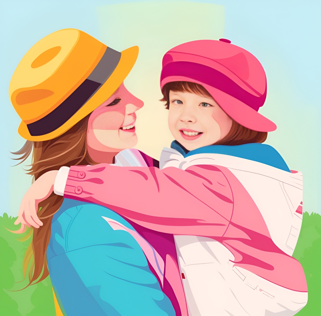Vector art picture of a mother holding a girl, created from a reference photo by generative AI similar as MidJourney and ChatGPT