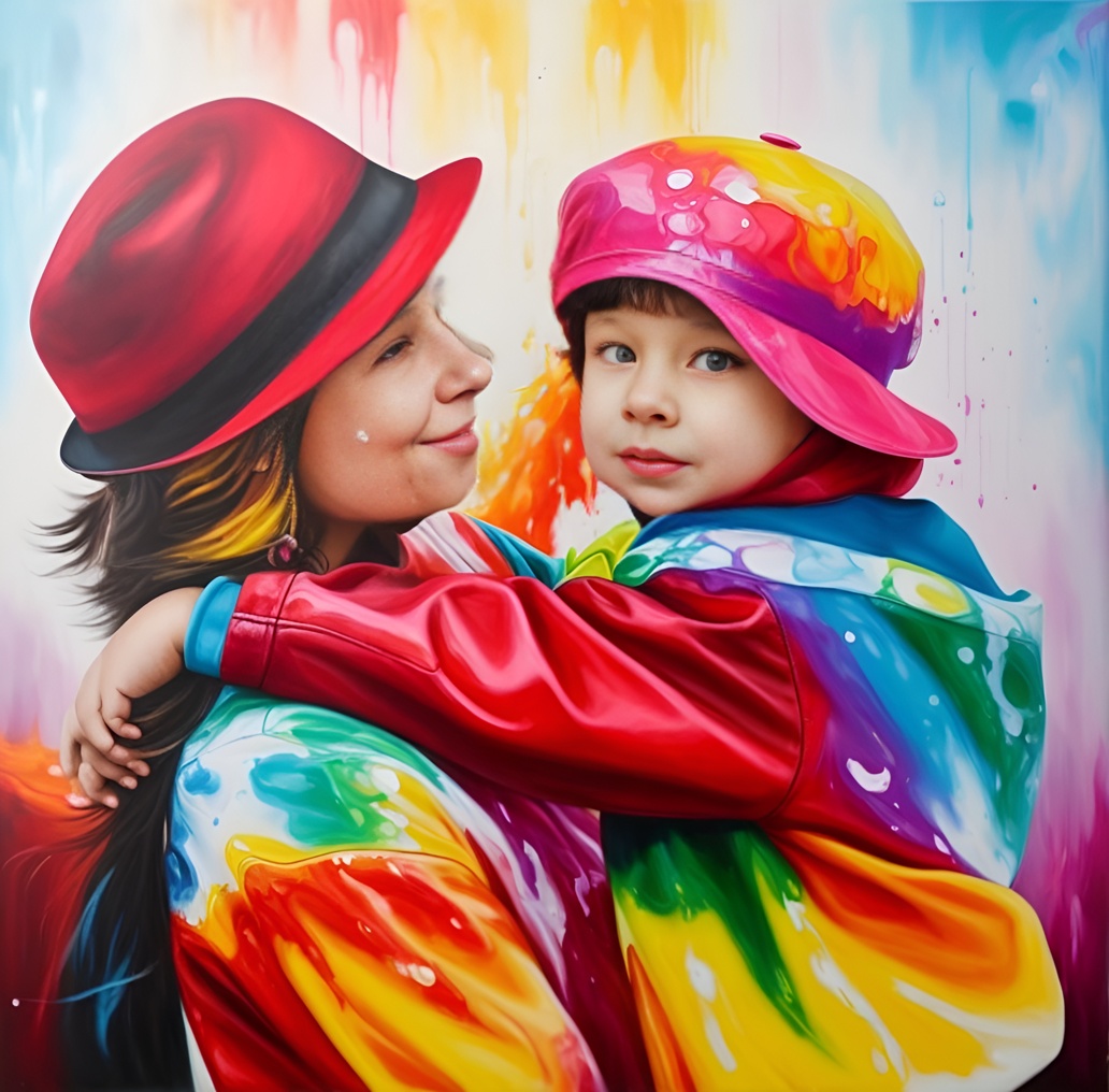 Vibrant painting of a mother holding a girl, created from a reference photo by generative AI similar as MidJourney and ChatGPT