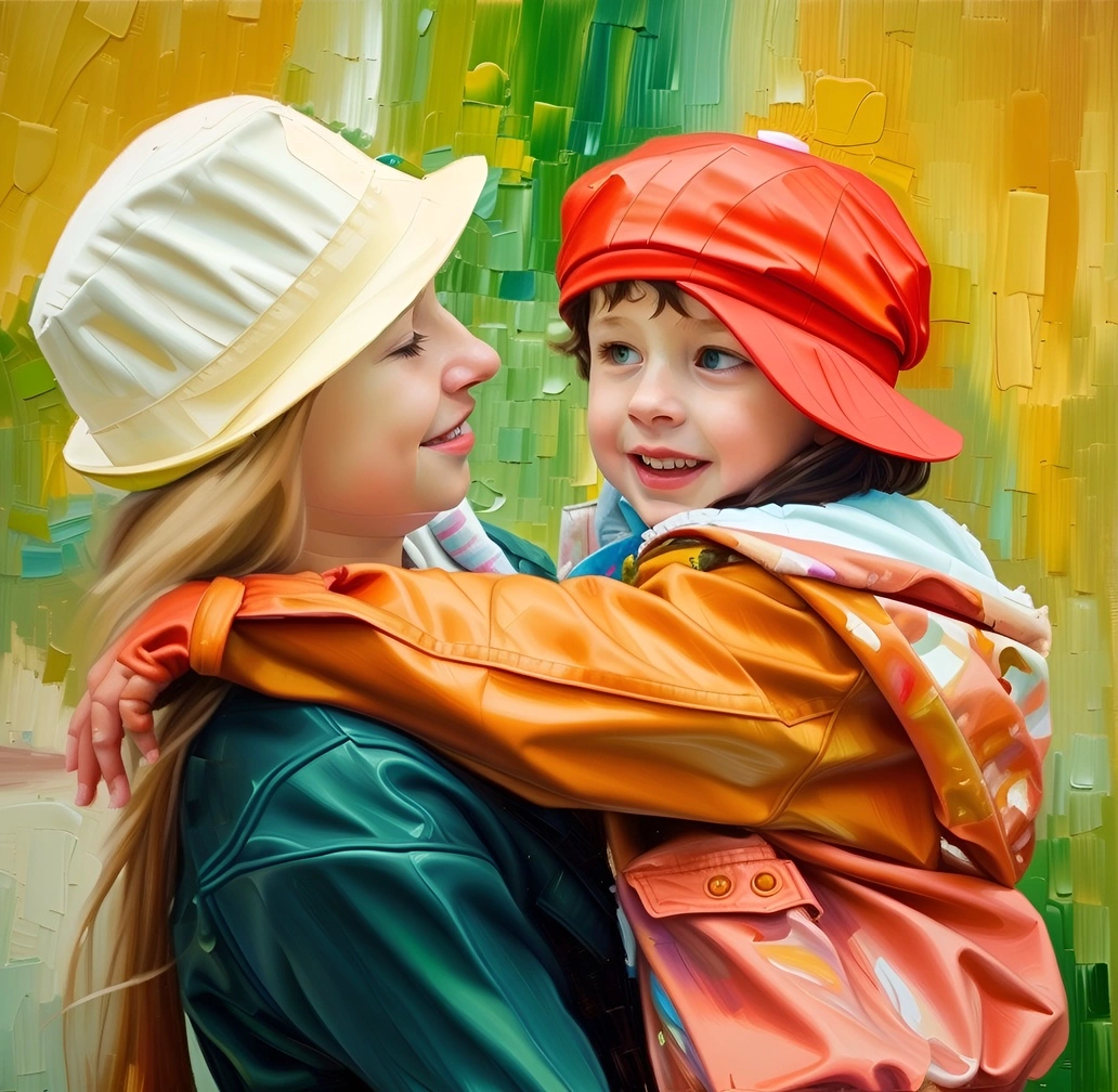 Vibrant painting of a mother holding a girl, created from a reference photo by generative AI similar as MidJourney and ChatGPT