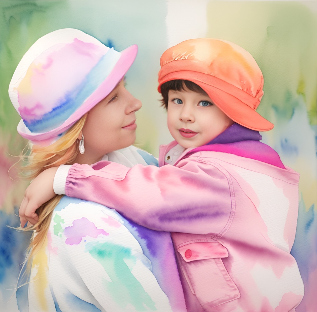 Watercolor painting of a mom holding a girl, created from a reference photo by generative AI similar as MidJourney and ChatGPT