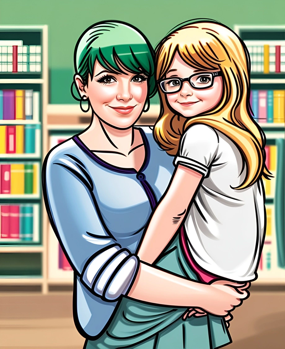 caricature drawing of a mom holding a girl, created from a reference photo by generative AI similar as MidJourney and ChatGPT