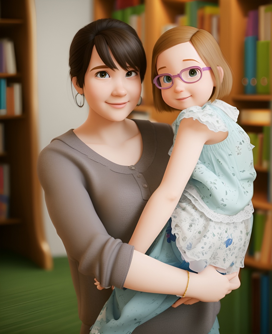 3D cartoon of a mom holding a girl, created from a reference photo by PortraitArt app