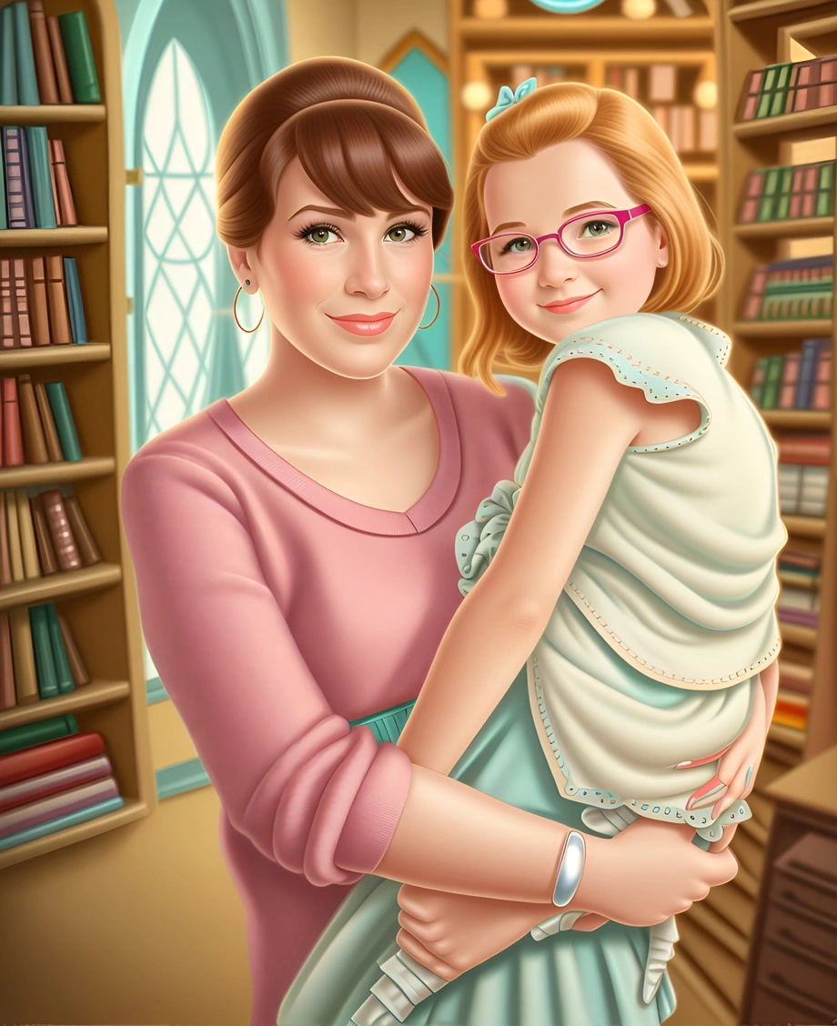 cartoon drawing of a mom holding her daughter, created from a reference photo