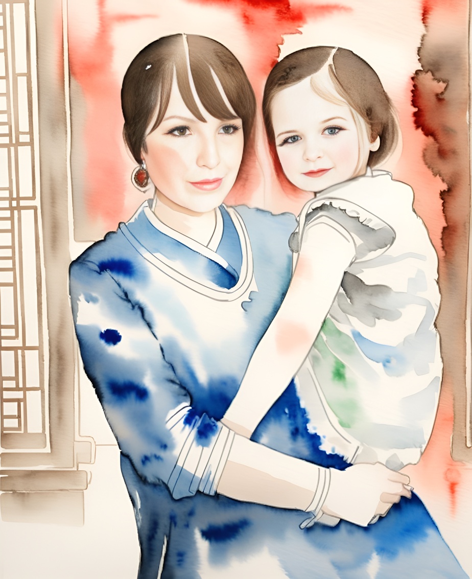 Chinese ink painting of a mom holding a girl, created from a reference photo by PortraitArt app