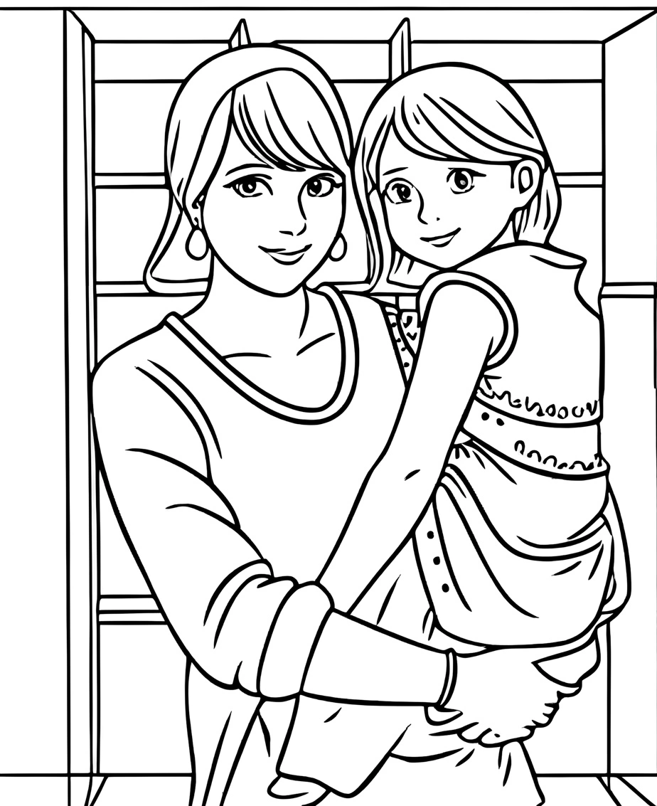 coloring page of a mom holding a girl, created from a reference photo by generative AI similar as MidJourney and ChatGPT