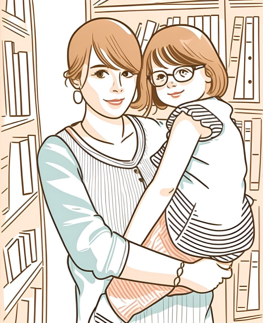 Line art picture of a mom holding a girl, created from a reference photo by PortraitArt app