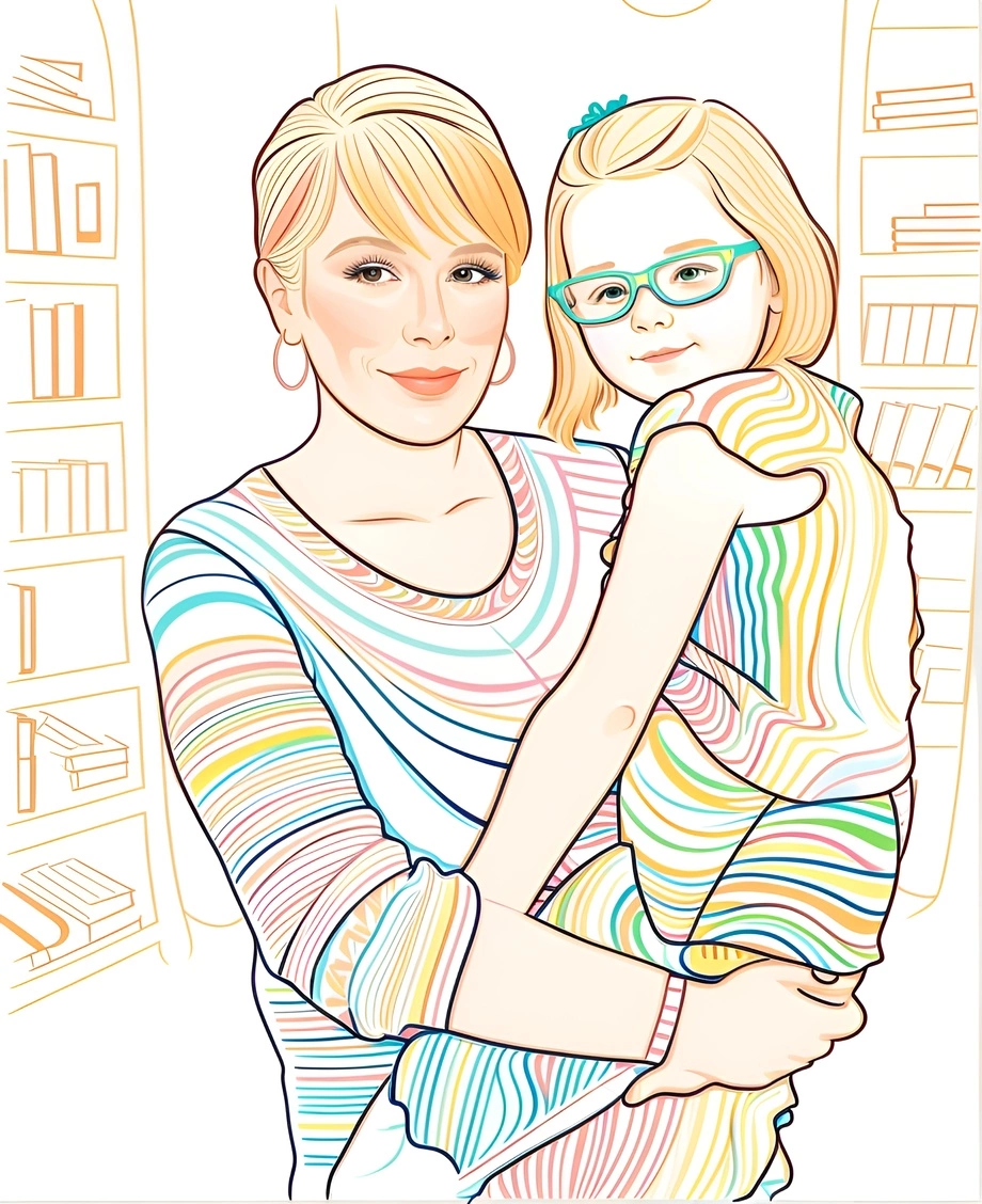 line art drawing of a mom holding a girl, created from a reference photo by generative AI similar as MidJourney and ChatGPT