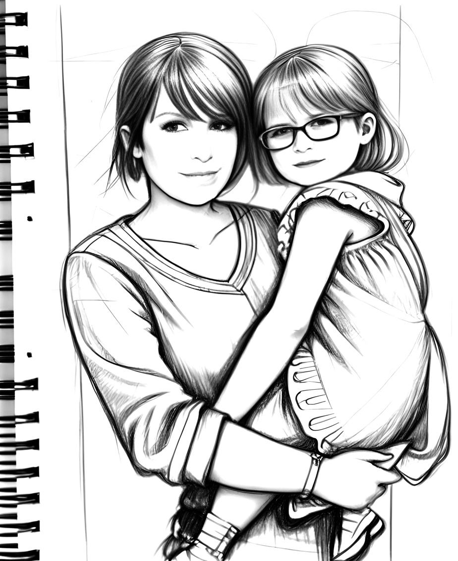 Line sketch drawing of a mom holding a girl, created from a reference photo by PortraitArt app
