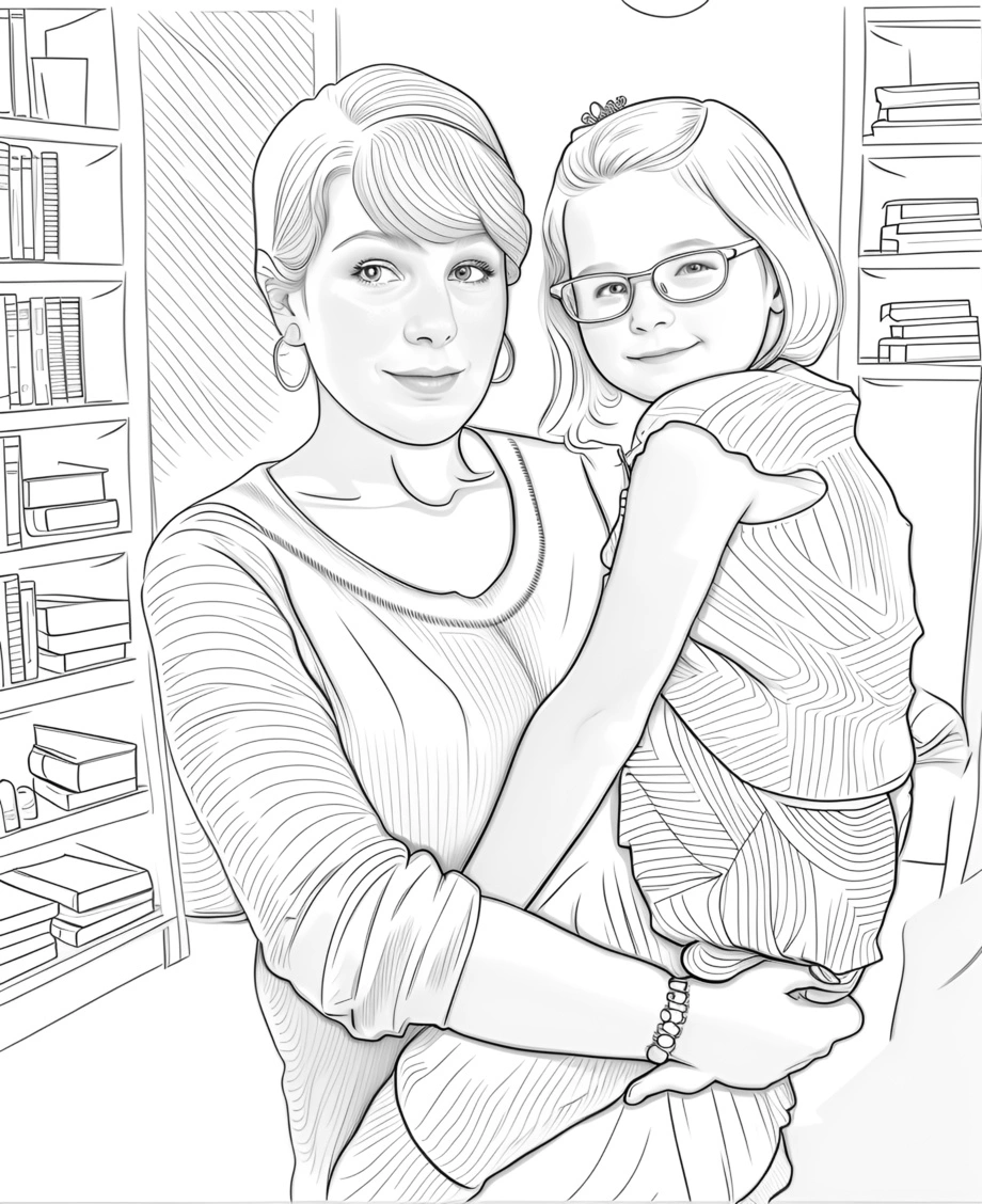 Line sketch drawing of a mom holding a girl, created from a reference photo by PortraitArt app